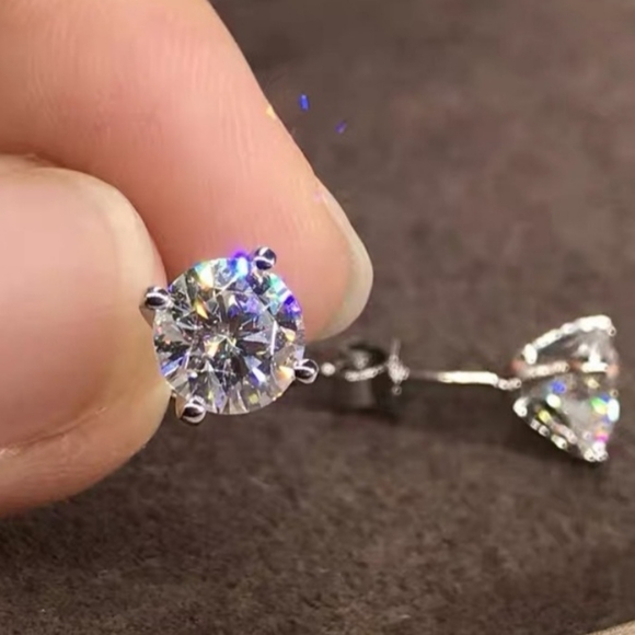 Classic Simulated Diamond Stud, 925 Sterling Post Earring Dipped in Platinum - Picture 3 of 7